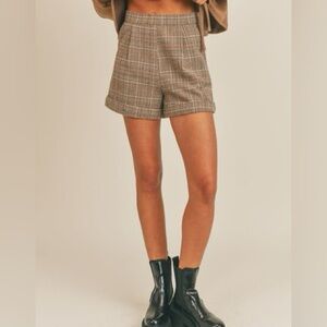 Frank and Oak Plaid High-Waist Tailored Bermuda Shorts in Brown
